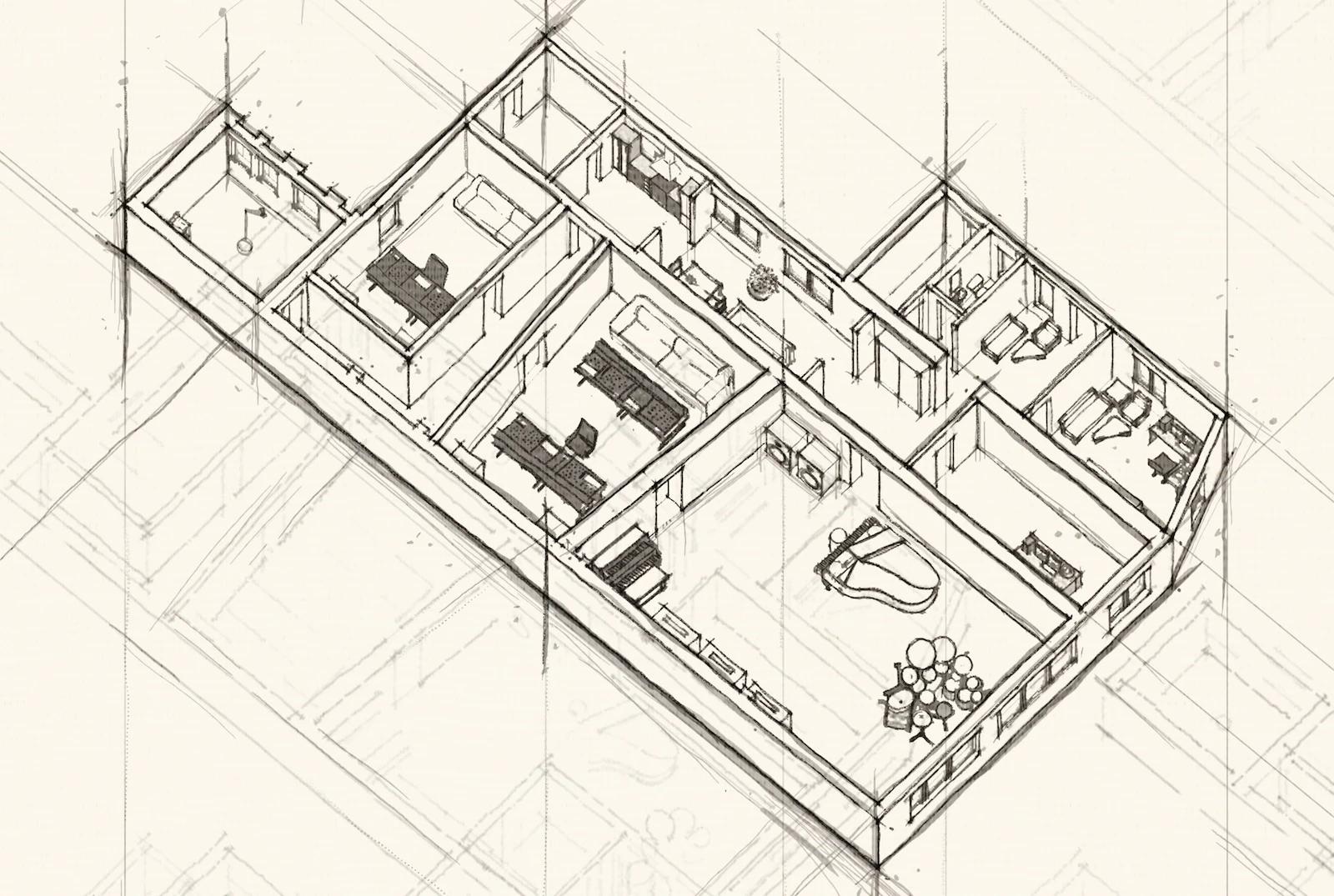 Grundriss der Studios als isometrische Zeichnung
